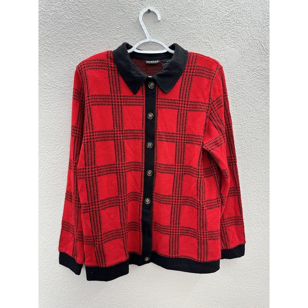 Womens George Sweater Size Medium Red and Black Plaid Long Sleeve Button Up